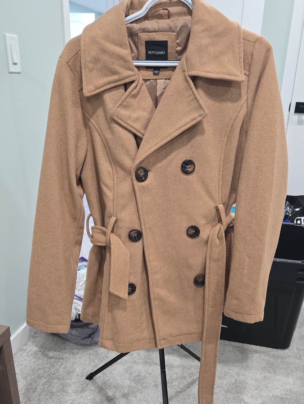 Riley James Women's Double-Breasted Tan Peacoat with Belt
